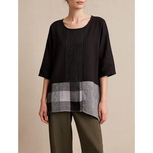 Christopher Calvin Linen Patchwork Tunic Top Black Gray Art to Wear Lagenlook L